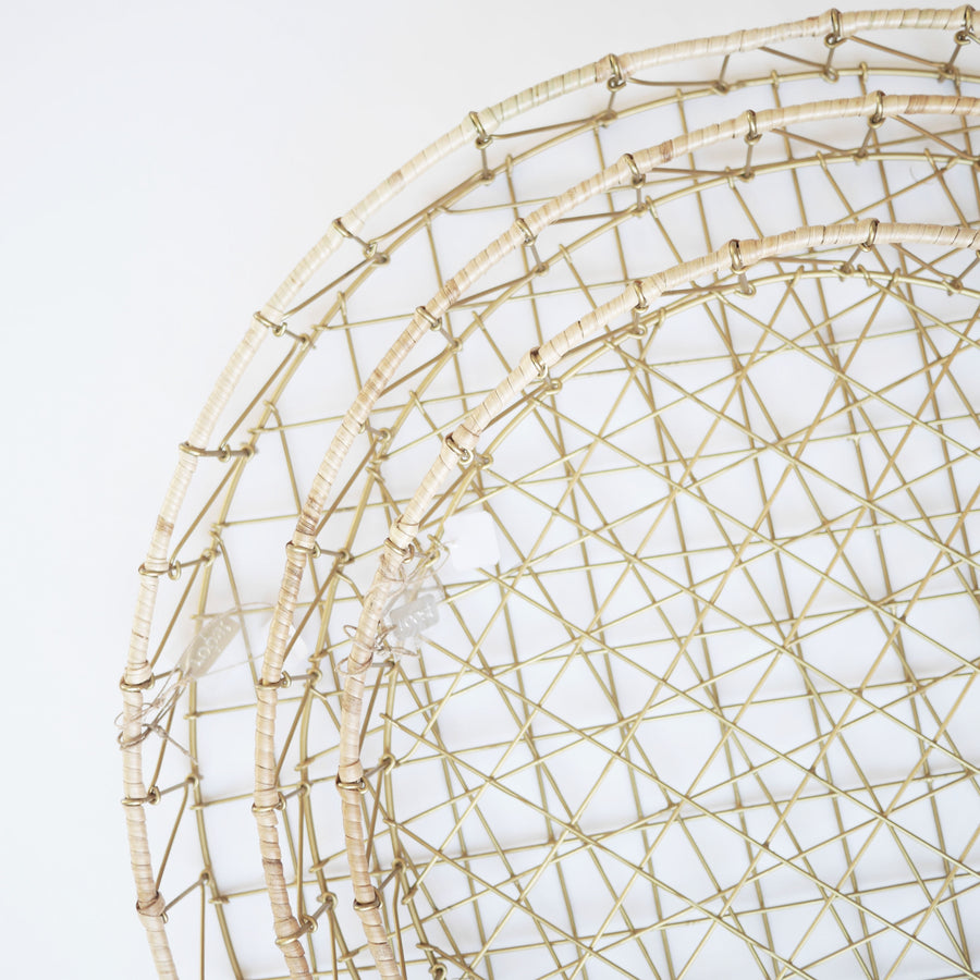 Gio Brass Wire & Rattan Baskets Round